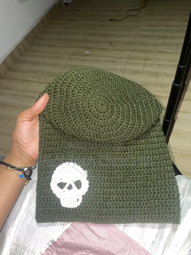 Handmade Crochet Slouch Beanie - Army Green Skull - 1