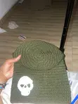 Handmade Crochet Slouch Beanie - Army Green Skull - 2