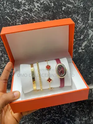 Quantum Red Leather Quartz Watch & Bracelet Set