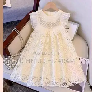 Girls' Off-White Pearl-Embellished Floral Lace Party Dress
