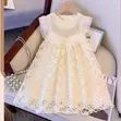 Girls' Off-White Pearl-Embellished Floral Lace Party Dress - 1