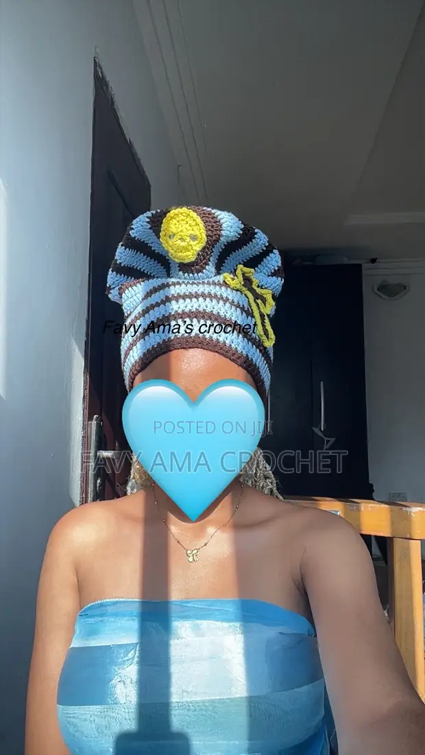 Handmade Crochet Slouch Beanie - Blue & Yellow Skull Design - 1