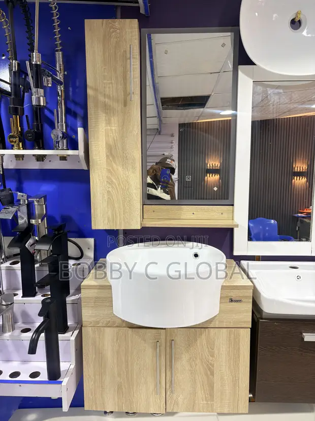 Modern White Countertop Wash Hand Basin with Vanity Cabinet & Mirror - 1