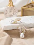 Elegant Crystal Bow Pearl Drop Earrings - Gold Tone - 2