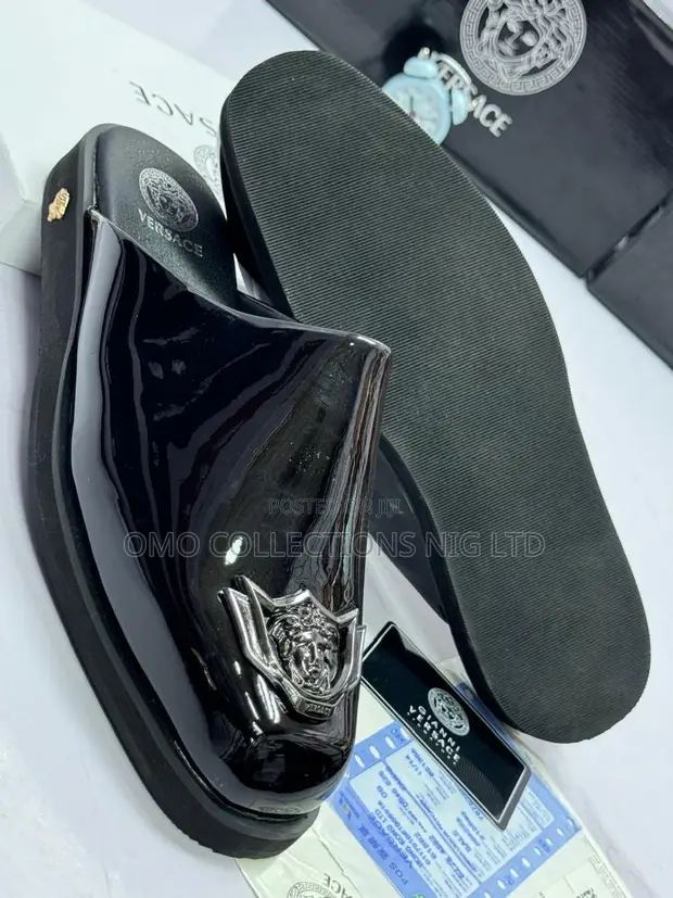 Luxury Versace Men's Black Patent Leather Slides - Fully Boxed - 1