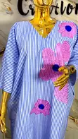 Stripe Linen Cotton Bubu Dress - Brown - 4