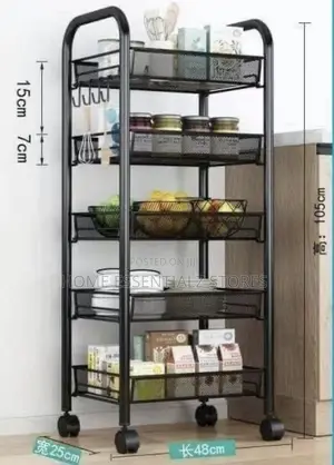 5-Tier Black Metal Rolling Kitchen Storage Rack with Hooks