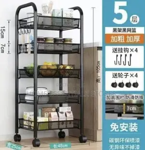 5-Tier Black Metal Rolling Kitchen Storage Rack tare da Hooks