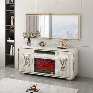 White and Gold Aesthetic TV Stand with Fireplace