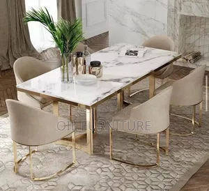 Luxury White Marble Dining Table Set with 6 Gold-Leg Velvet Chairs