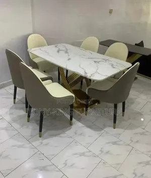 6-Seater Luxury Dining Set with Marble-Pattern Top