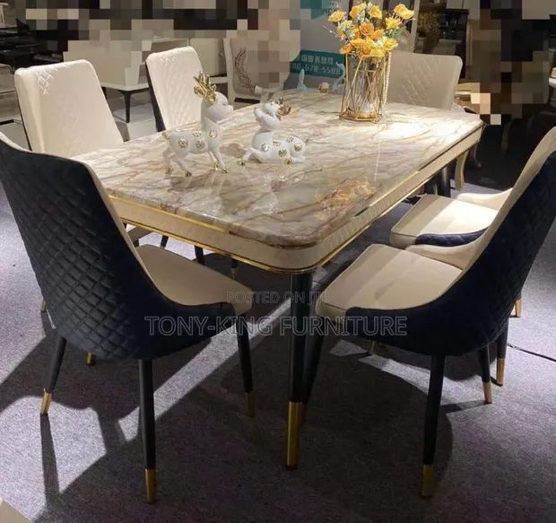 Modern 6-Seater Dining Set Mai Farar Marble-Effect Top - 1