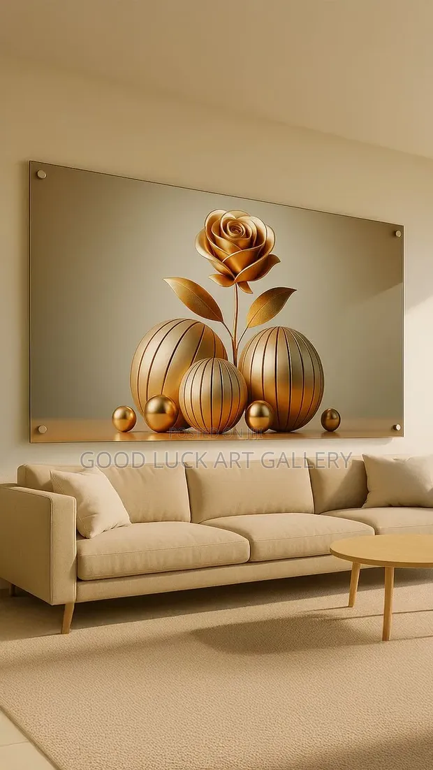 Large Acrylic Wall Art - Golden Rose & Metallic Spheres - 1