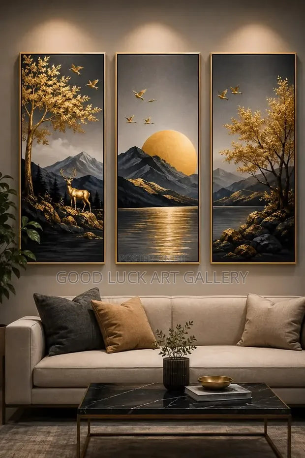 Black White Gold Mountain Triptych Wall Art Set - 1