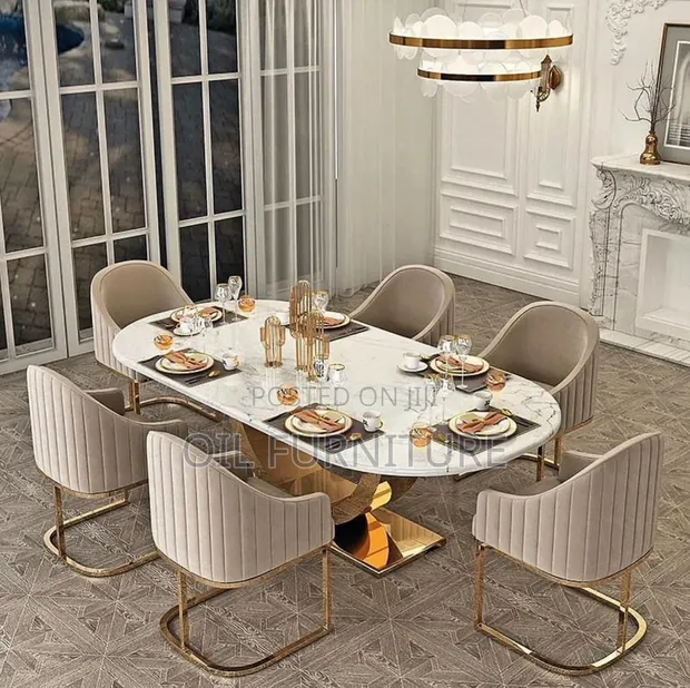 Luxury 6-Seater Marble Dining Table Set with Gold Stainless Steel Base - 1