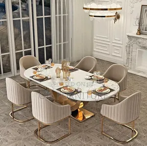 Luxury 6-Seater Marble Dining Table Set tare da Gold Stainless Steel Base