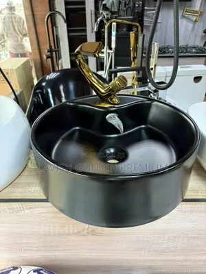 Black Countertop Basin with Gold Tap - Brand New