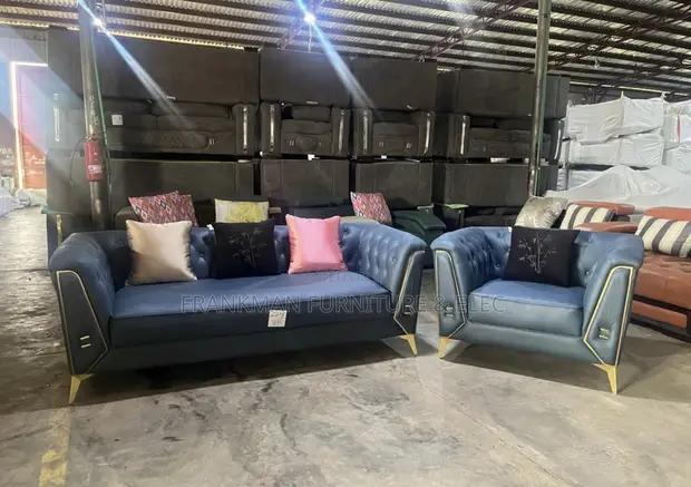 7 Seater Sofa Set - Navy Blue & Ash with Gold Details - 1