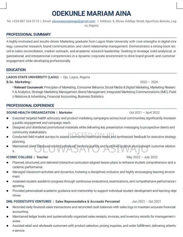 Marketing Student CV - Restaurant & Bar - 1