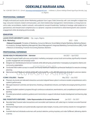 Marketing Student CV - Restaurant & Bar