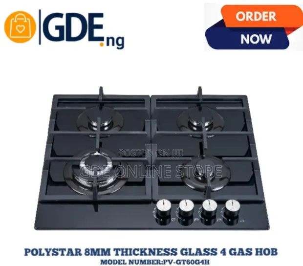 Polystar 4 Burner Gas Hob - 8mm Thick Glass - 1