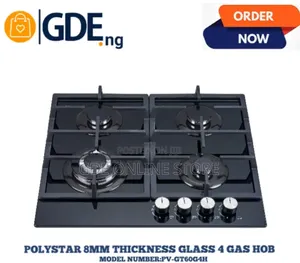Polystar 4 Burner Gas Hob - 8mm Thick Glass