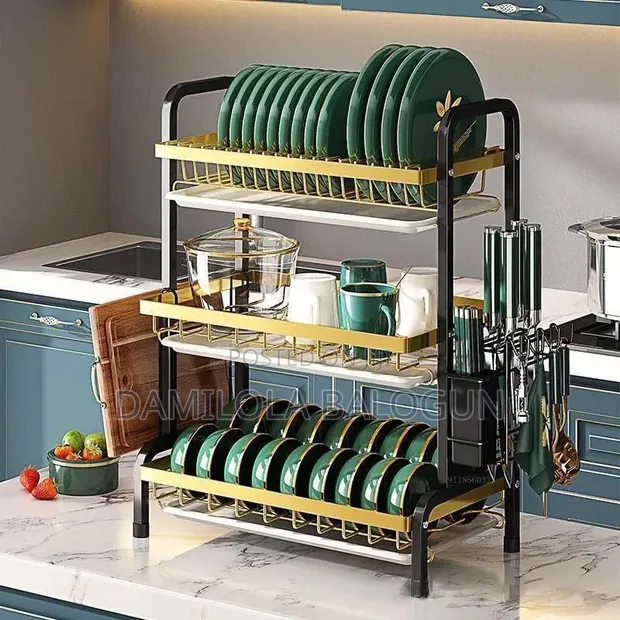 Stainless Steel 3-Step Dish Rack with Holders - 1