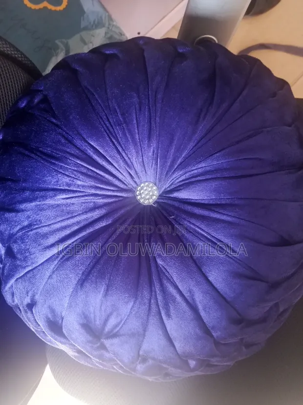 Round Blue Velvet Throw Pillow with Gem Button - 1