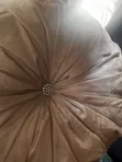 Round Blue Velvet Throw Pillow with Gem Button - 2