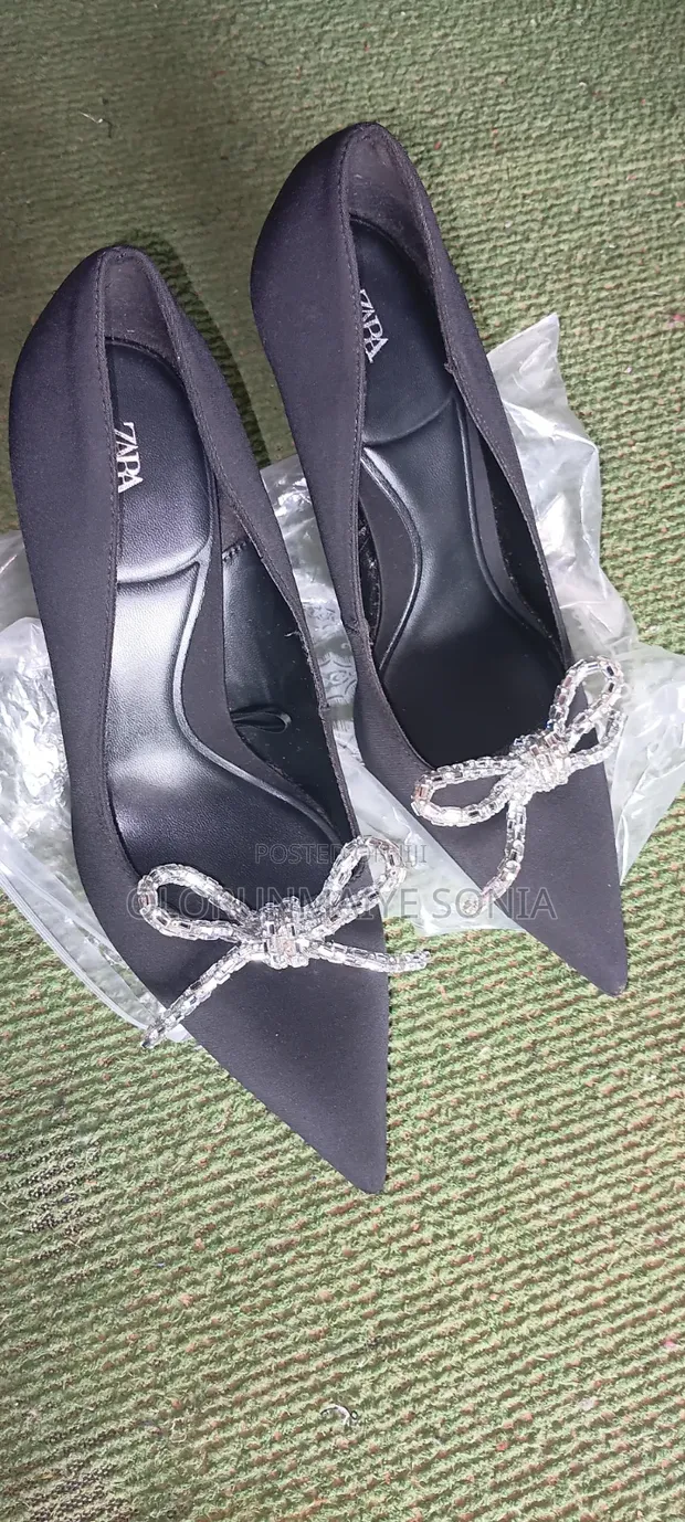 Zara Black Stiletto High Heels with Rhinestone Bow - Size 41 - 1