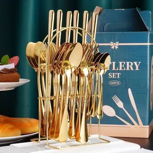 24-Piece Gold Stainless Steel Cutlery Set with Organizer Stand