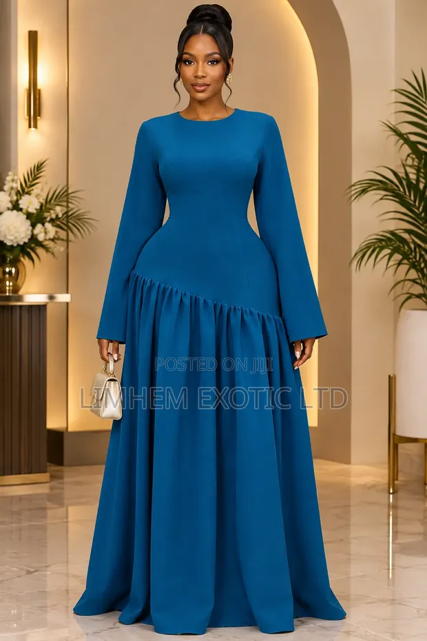 Luxury Blue Long Sleeve Ruffle Dress - 1
