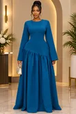 Luxury Blue Long Sleeve Ruffle Dress - 1
