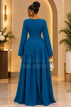 Luxury Blue Long Sleeve Ruffle Dress