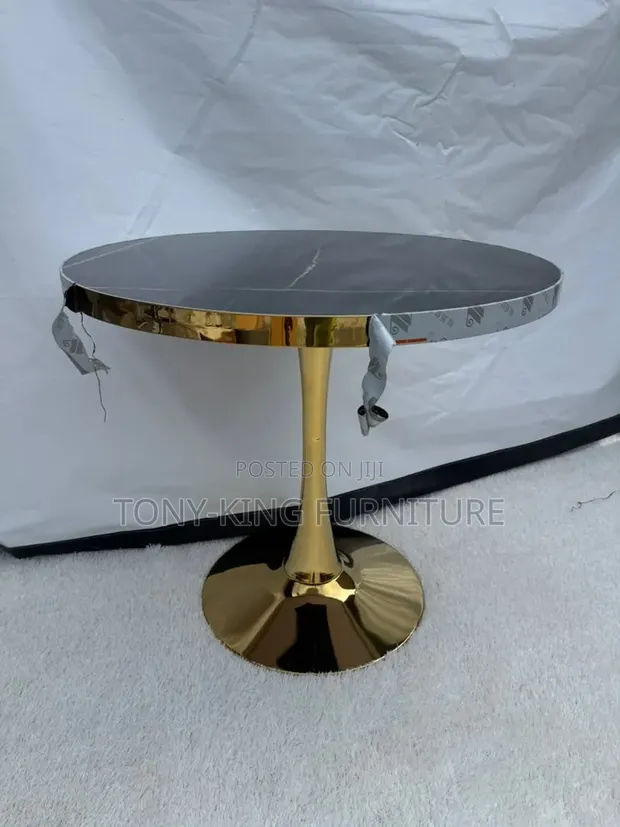Modern Round Table - Faux Marble Top, Gold Base - 1