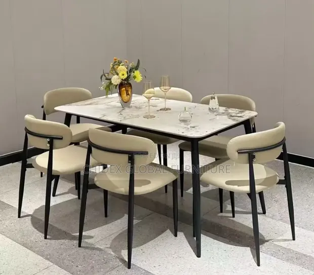 Ceramic Top Dining Table Set with Leather Chairs - 1