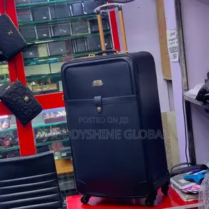 Black Leather Trolley Suitcase with Horizontal Strap