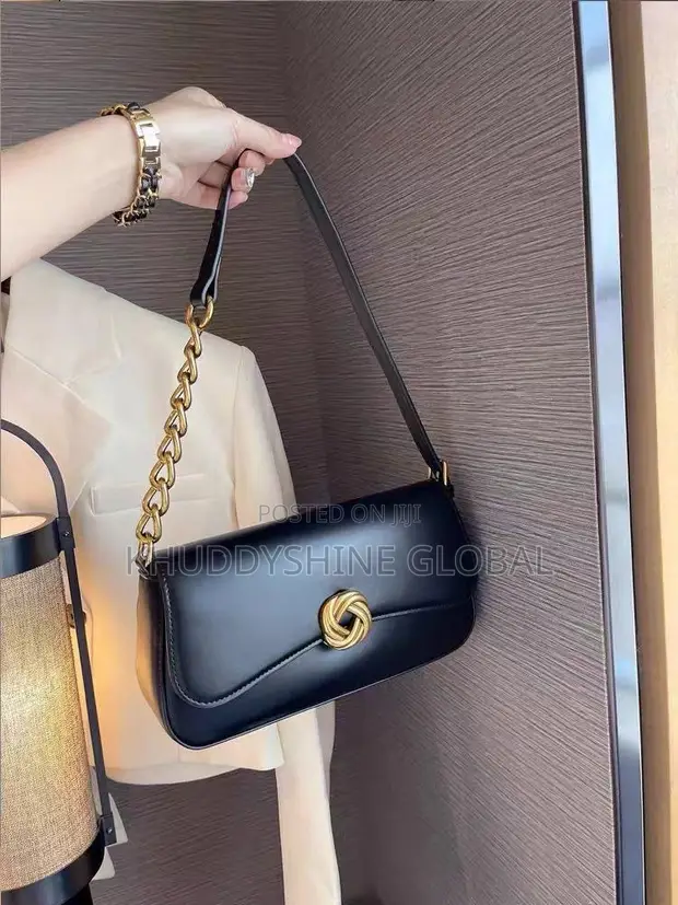 Leather Baguette Shoulder Bag with Gold Twist Clasp - 1