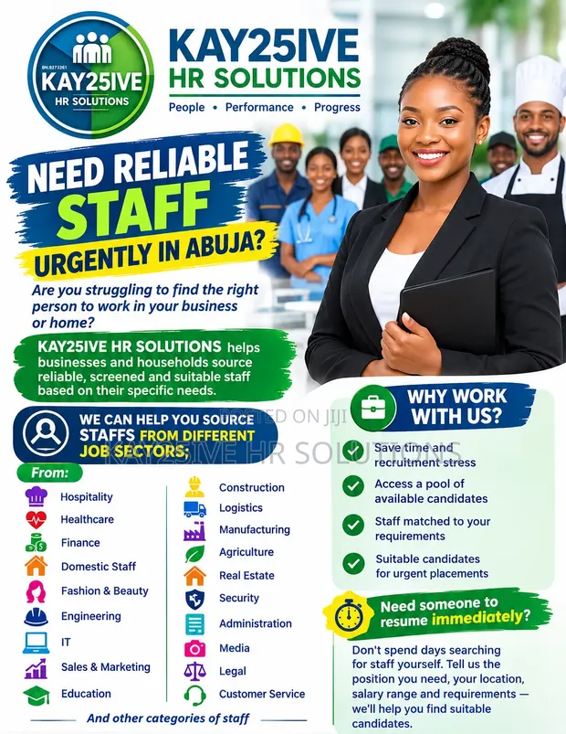 Urgent Staff Recruitment in Abuja - Kay25ive HR Solutions - 1
