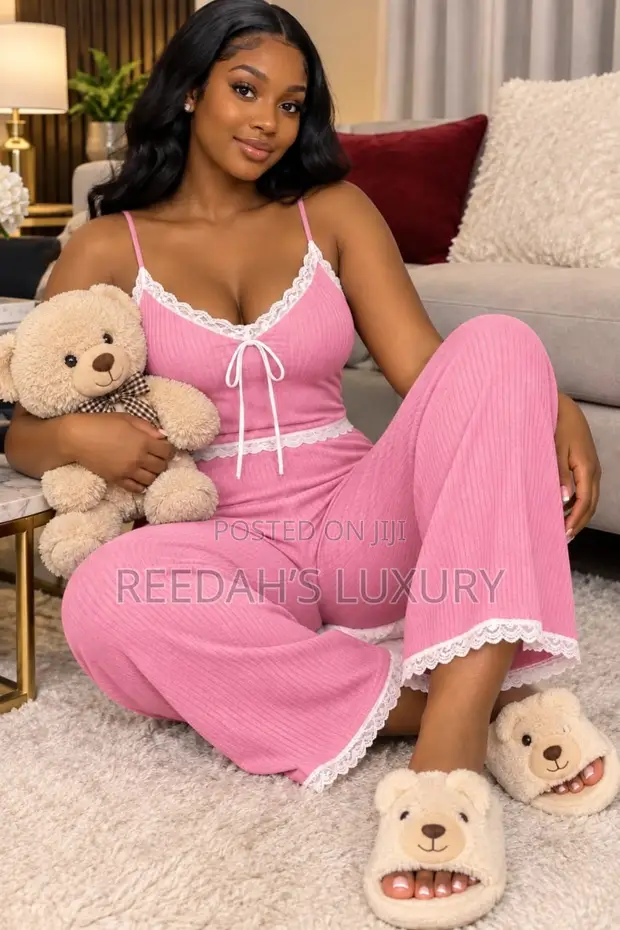 Cuddle Lace Ribbed Loungewear Set - Hot Pink - 1