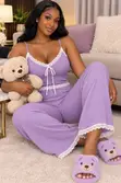 Cuddle Lace Ribbed Loungewear Set - Hot Pink - 2