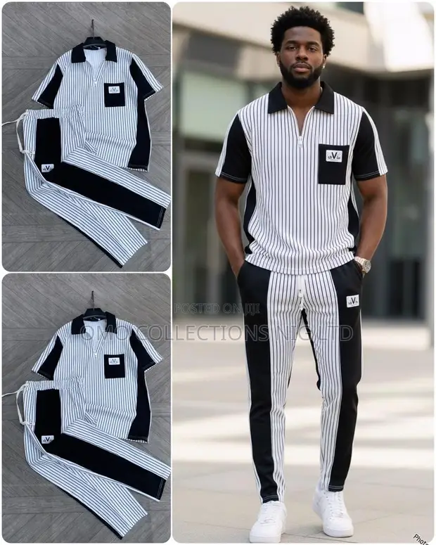 V.V Luxury Men's 2-Piece Striped Polo & Trouser Set - 1