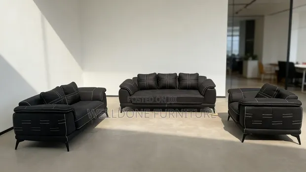 Imported 7-Seater Black Leather Sofa Set - 1