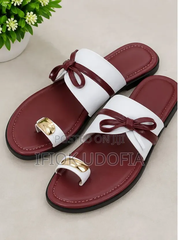 Women's Stylish Flat Sandals - White Burgundy Bow - 1