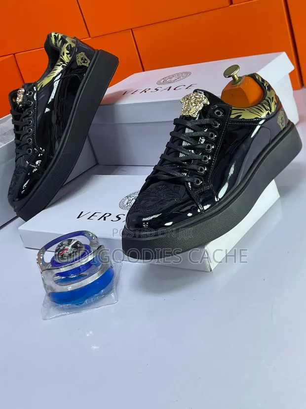 Versace Men's Black Patent Leather Lace-Up Sneakers - 1
