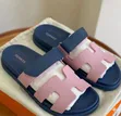 Hermès Chypre Slides - Navy Blue & Baby Pink - 1