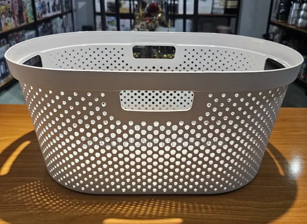Plastic Laundry Basket / Clothes Hamper - White/Grey - 1