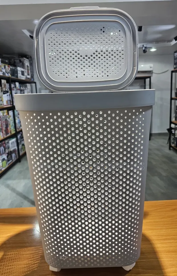 Large Premium Plastic Laundry Basket with Lid and Wheels - Grey/White - 1