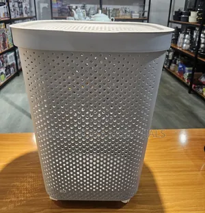 Large Premium Plastic Laundry Basket with Lid and Wheels - Grey/White
