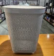 Large Premium Plastic Laundry Basket with Lid and Wheels - Grey/White - 2